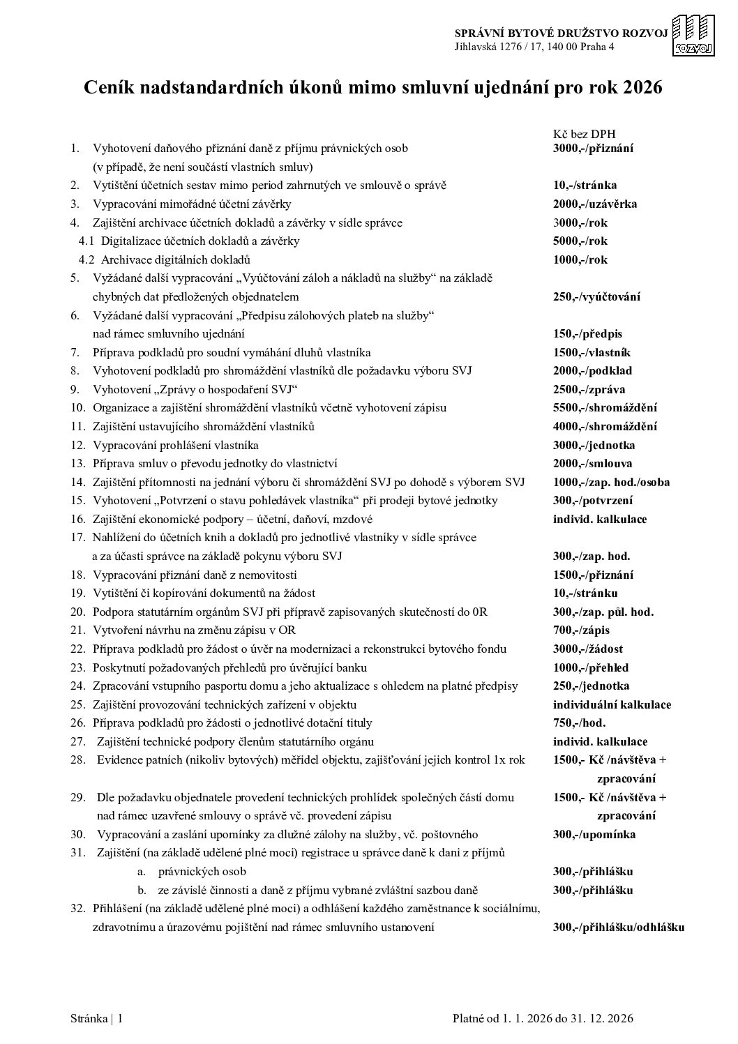 CENÍK – Přehled činností nad rámec paušálu 2026
