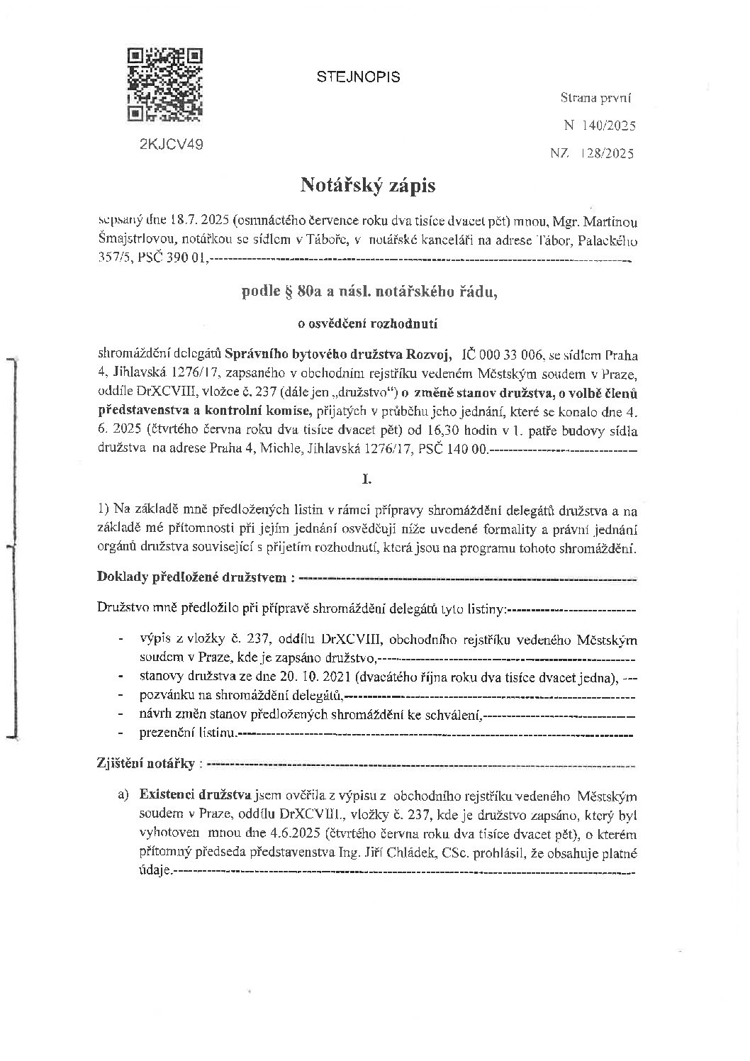 Notářský zápis ze Shromáždění delegátů z 4. 6. 2025